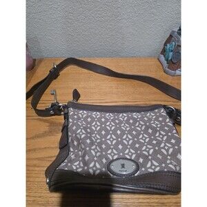 Fossil Maddox Brown Leather Black Canvas Geometric Shoulder Bucket Bag